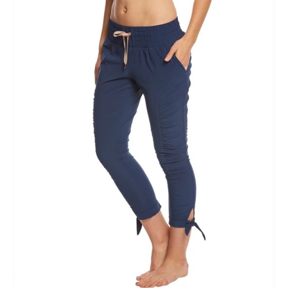 Prana Womens Bindu Pants Size M Blue Cropped Ruched Tie Bottom Pull-On W41170412